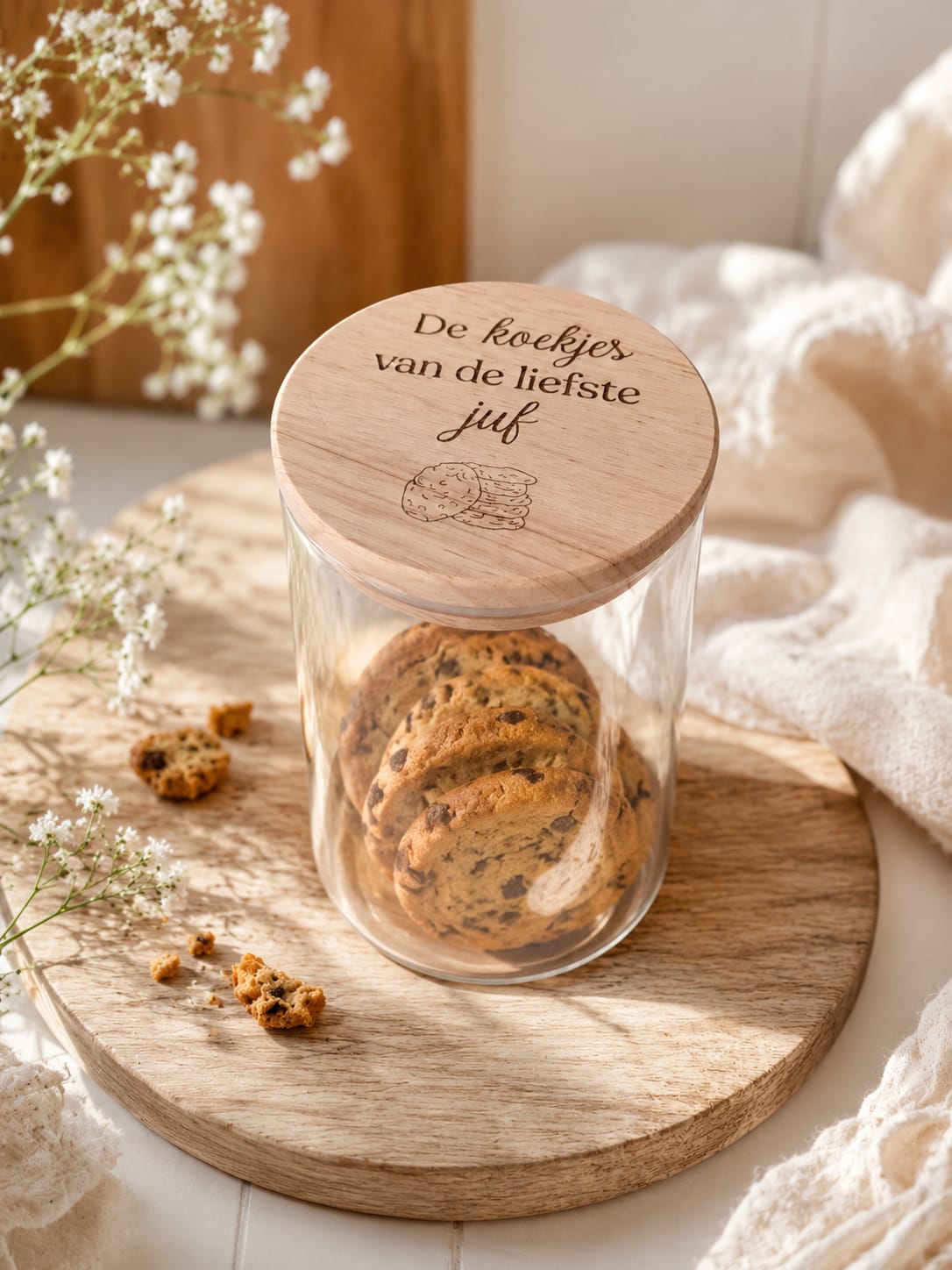 Glazen pot. dit is een juffenbedankje. met de tekst: De koekjes van de liefste juf