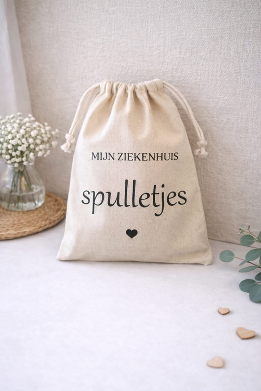 Katoenen bewaarzakje “mijn ziekenhuis spulletjes” baby ziekenhuis zakje voor spulletjes en kraamcadeau