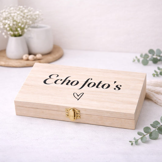 Houten bewaarkistje voor echo foto’s met opdruk, doosje voor baby herinneringen en zwangerschapsaandenken