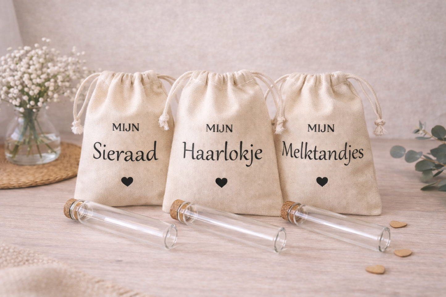 set katoenen bewaarzakjes mijn melktandjes haarlokje en sieraad met glazen buisjes baby herinneringen kraamcadeau set