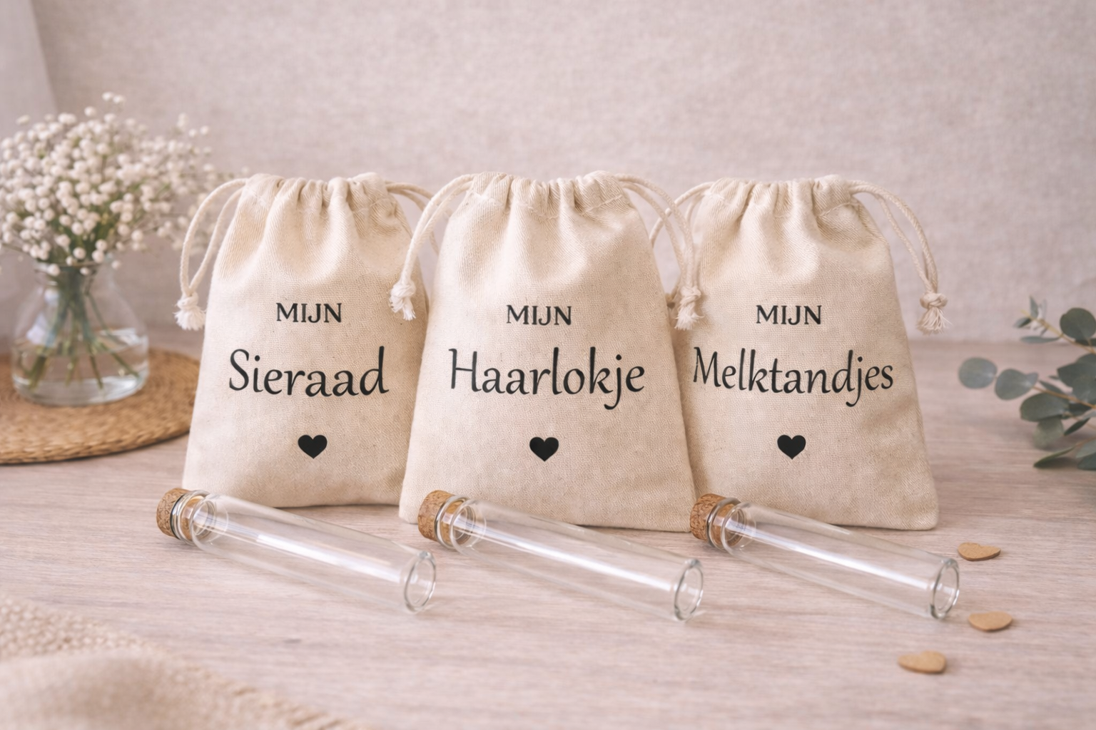 set katoenen bewaarzakjes mijn melktandjes haarlokje en sieraad met glazen buisjes baby herinneringen kraamcadeau set