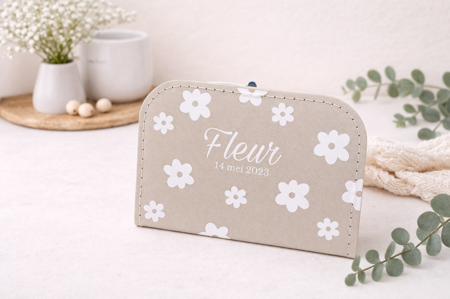 Gepersonaliseerd koffertje met naam en bloemenprint, baby koffertje met geboortedatum voor kraamcadeau en babykamer