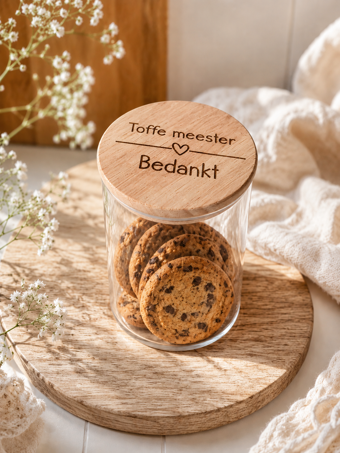 Glazen pot met de tekst toffe meester bedankt! cadeai voor de meester