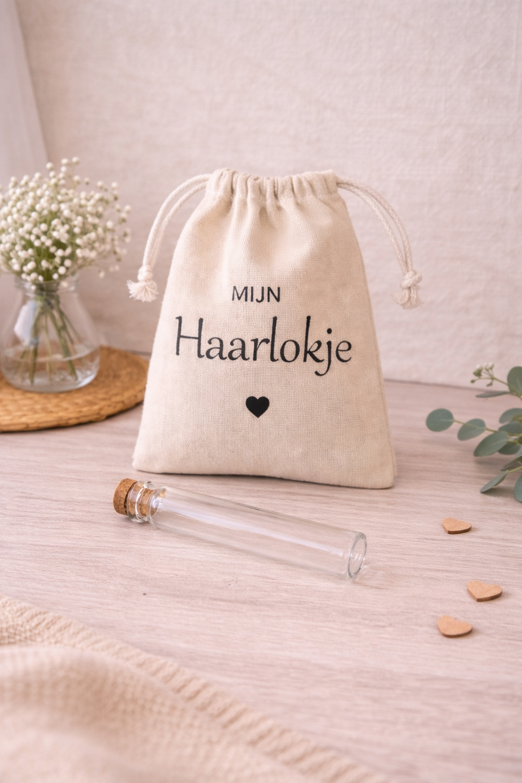 Katoenen bewaarzakje “mijn haarlokje” voor baby, zakje voor eerste haarlok en baby herinneringen voor babyshower of kraamcadeau