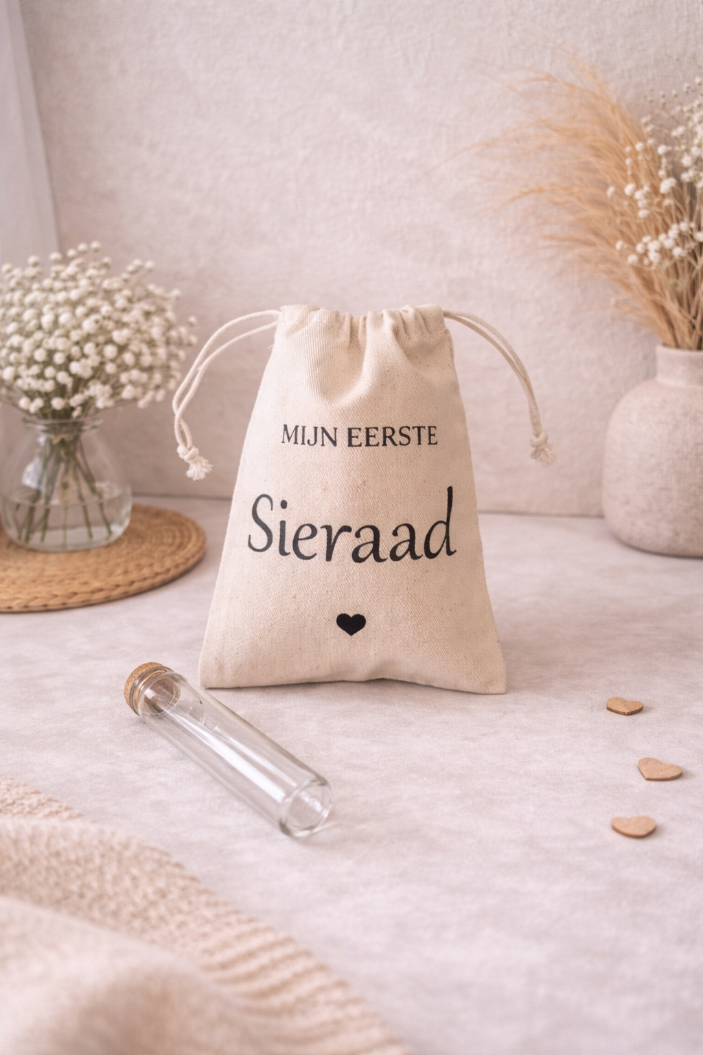 katoenen bewaarzakje mijn sieraad voor baby sieraad bewaren met glazen buisje herinnering