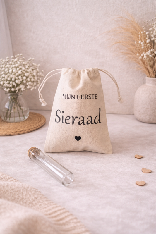 katoenen bewaarzakje mijn sieraad voor baby sieraad bewaren met glazen buisje herinnering