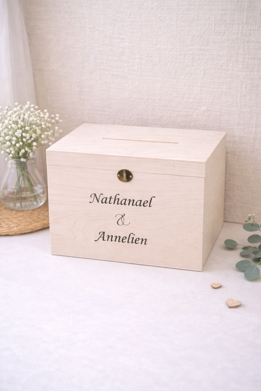 Houten gepersonaliseerde enveloppenkistbruiloft met namen, trouwkaart box voor enveloppen en geldcadeaus